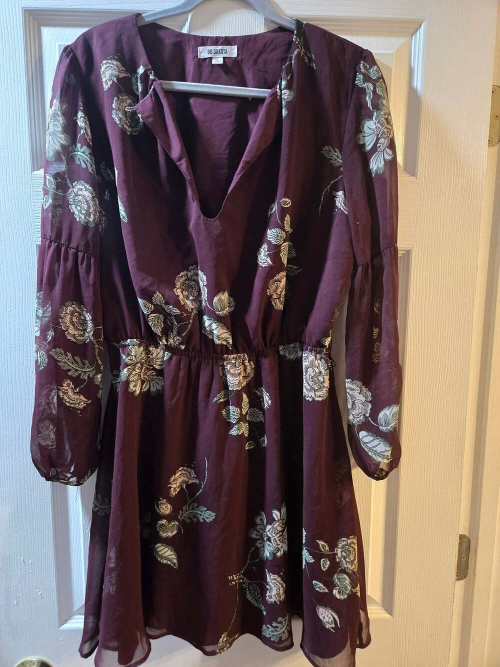BB Dakota Floral Dress Size L Burgundy Long Sleeve